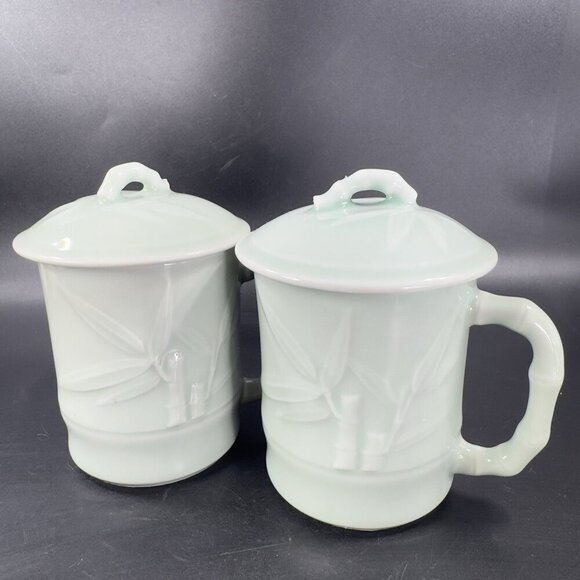 Gardener's Eden Coffee Mug Cup Light Green Embossed Bamboo Celadon Green Set 2 - Picture 12 of 15